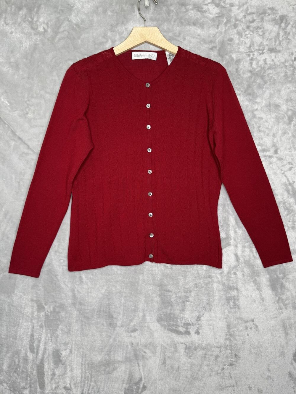 Valerie Stevens Cardigan Sweater Womens Large Red Merino Wool V Neck Button Knit